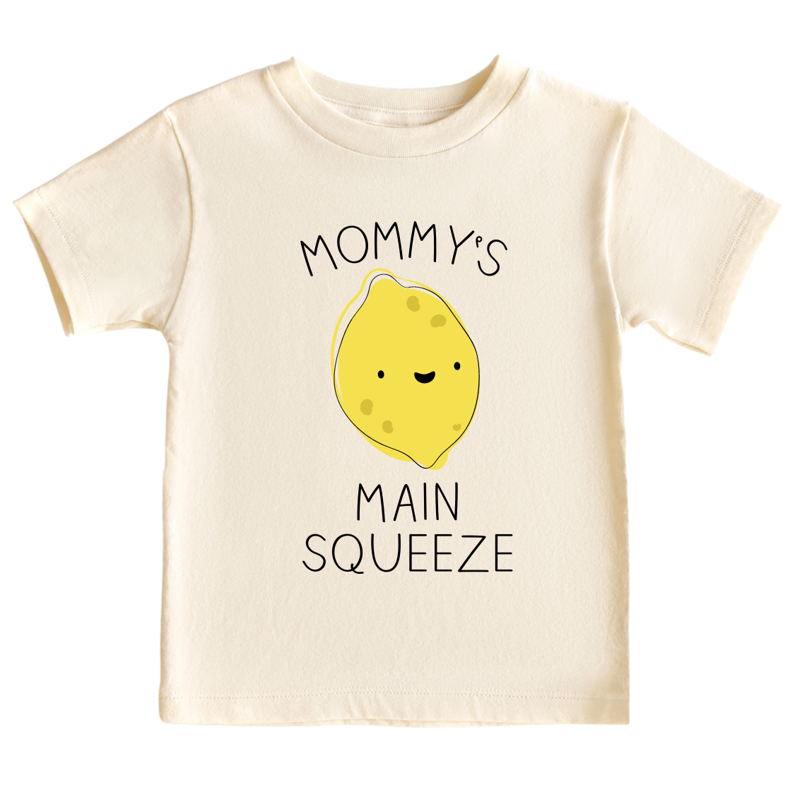 A kid's t-shirt with a cute printed graphic of a lemon and the text 'Mama's Main Squeeze.' This adorable t-shirt celebrates the special bond between a child and their mama. 