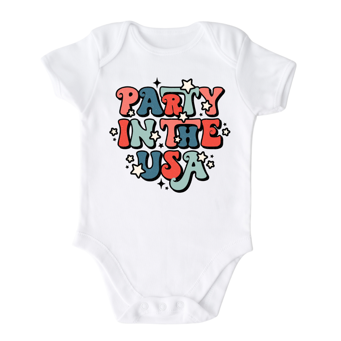 A kids' t-shirt with the vibrant text 'Party in the USA' printed on it. The design captures the festive and patriotic spirit, making it perfect for celebratory occasions. Let your child join in the fun and showcase their love for partying with this eye-catching tee