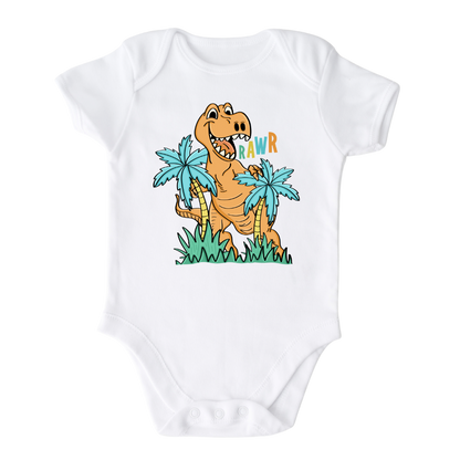 White Baby Onesie with a cute dinosaur graphic and the text 'Rawr'.