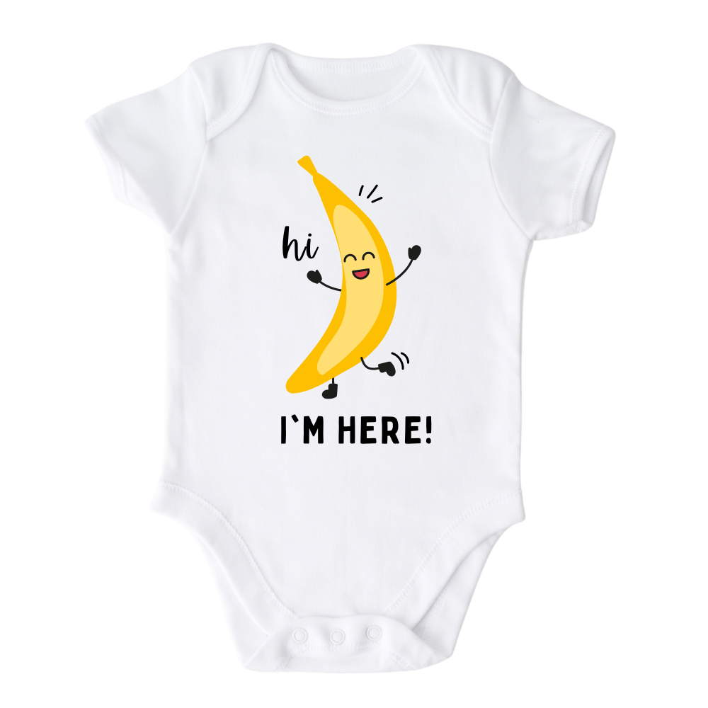 White Bodysuit with adorable banana graphic and 'Hi, I'm Here' text. Stylish and comfortable shirt for kids' fashion