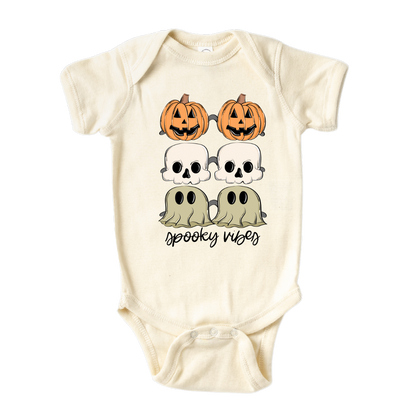 Halloween Baby Onesie - Cute Bay Gift for Kid's t-shirt with a cute Halloween icons design and 'Spooky Vibes' text.