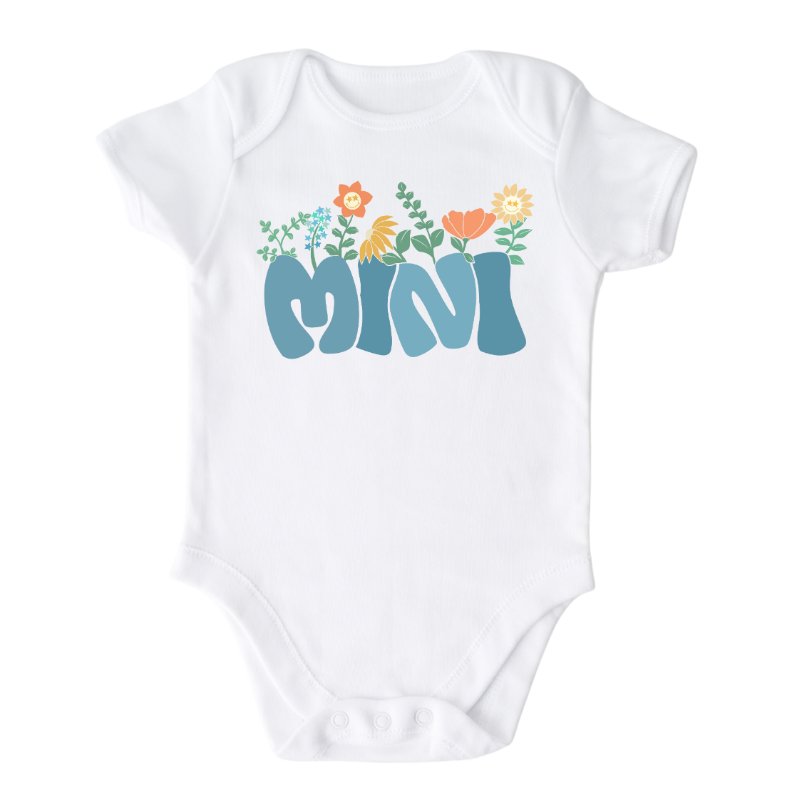 White Onesie with a retro blue printed graphic of the text 'Mini.' This trendy design adds a playful and vintage touch to your child's outfit.