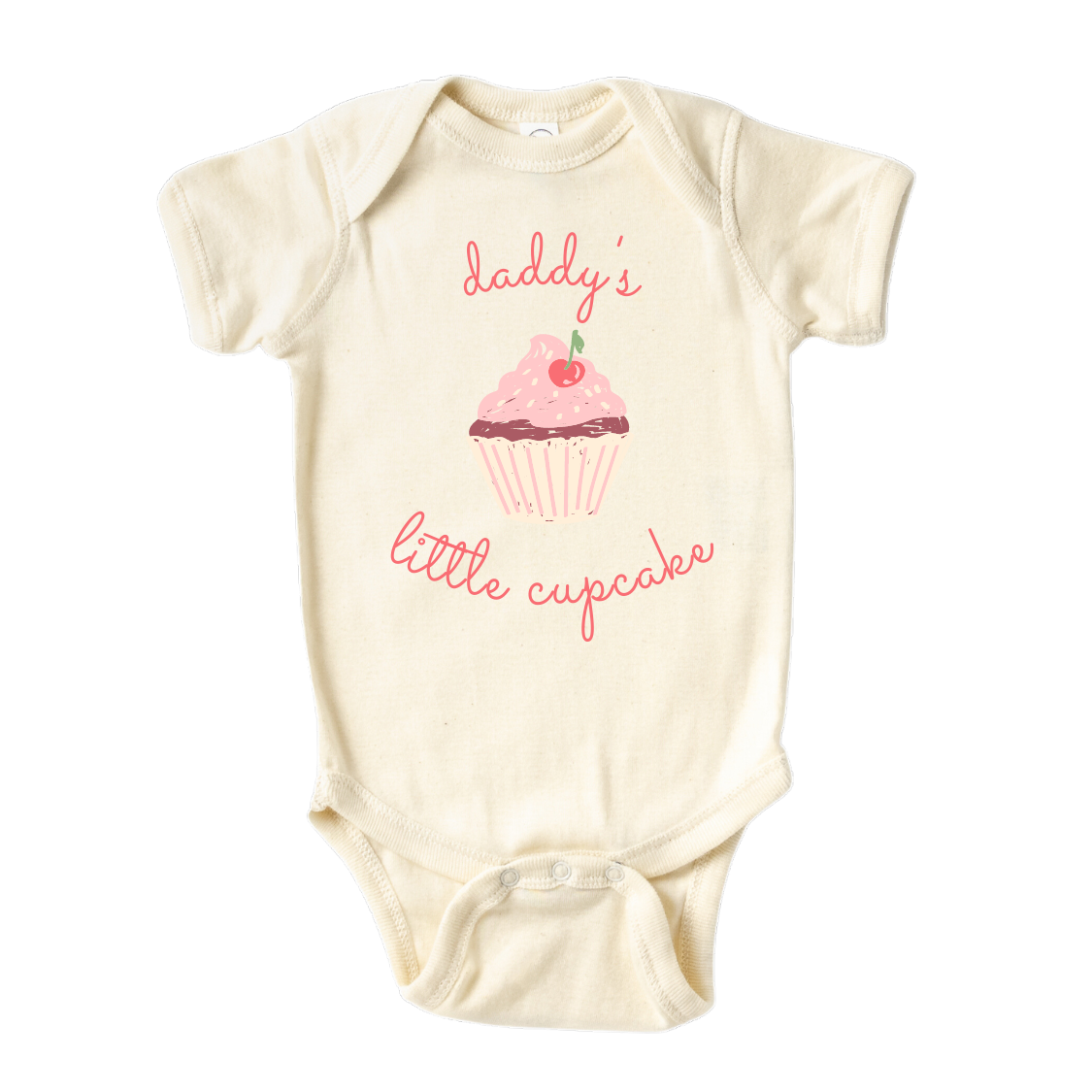 Baby Onsie Cute cupcake graphic print with customizable text - 'Daddy's Little Cupcake' on a kid t-shirt and baby onesie. High-quality and vibrant design for adorable children's clothing. Perfect gift option.