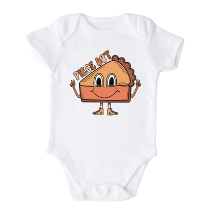 Baby Bodysuit with pumpkin pie graphic and text 'Piece Out', ideal for autumn fashion, Thanksgiving outfits, and holiday celebrations