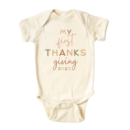 Baby Onsie - Cute Baby Onesie - Cute Baby Gift - Baby Clothes - Baby Bodysuit with cute 'My First Thanksgiving' text design.