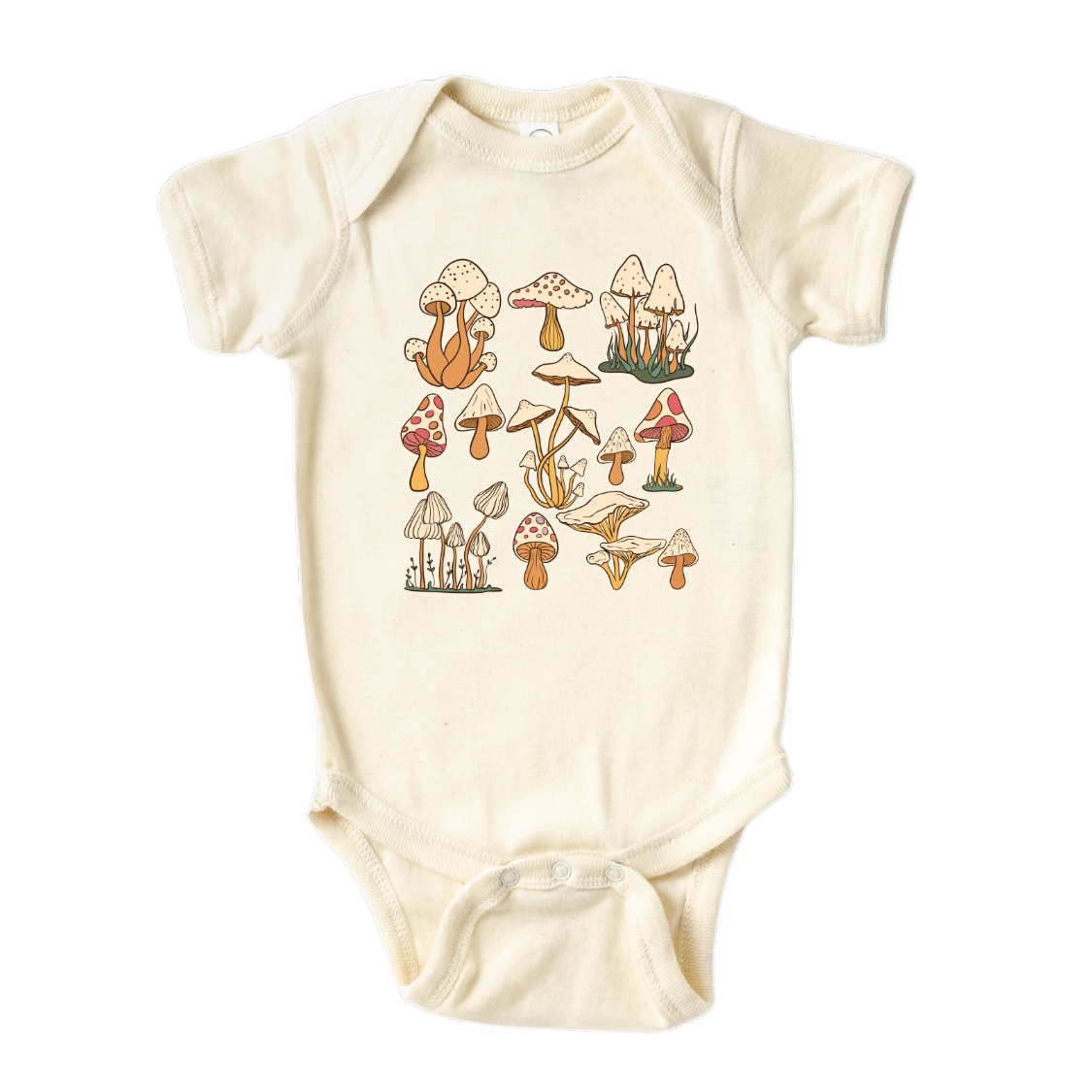 A charming mushroom design on a kid's t-shirt and baby onesie, perfect for nature-inspired playtime and adding a touch of magic to the outfit