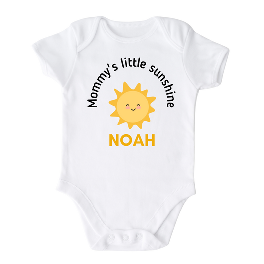 Personalized Kid T-shirt with a cute sun graphic and text Mommy's Little Sunshine with custom name - made from high quality fabric and safe ink print 