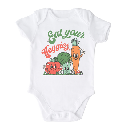 A kids' t-shirt with endearing graphics of a cute tomato, broccoli, and carrot, accompanied by the text 'Eat Your Veggies.' The design promotes healthy eating habits and celebrates the goodness of vegetables, inspiring a nutritious lifestyle.