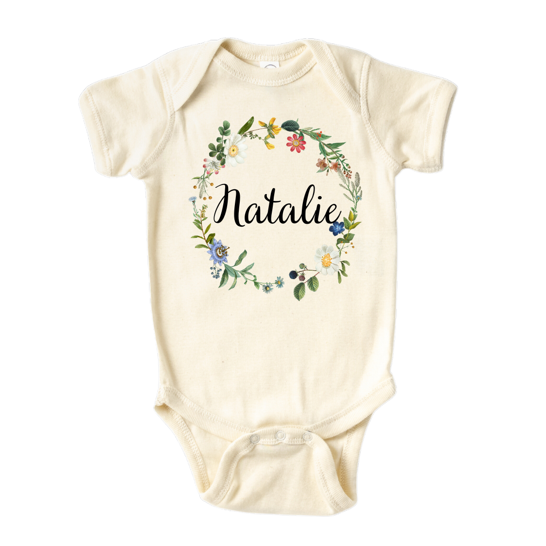 Baby Onsie with cute floral wreath design and customizable text 'Name'.