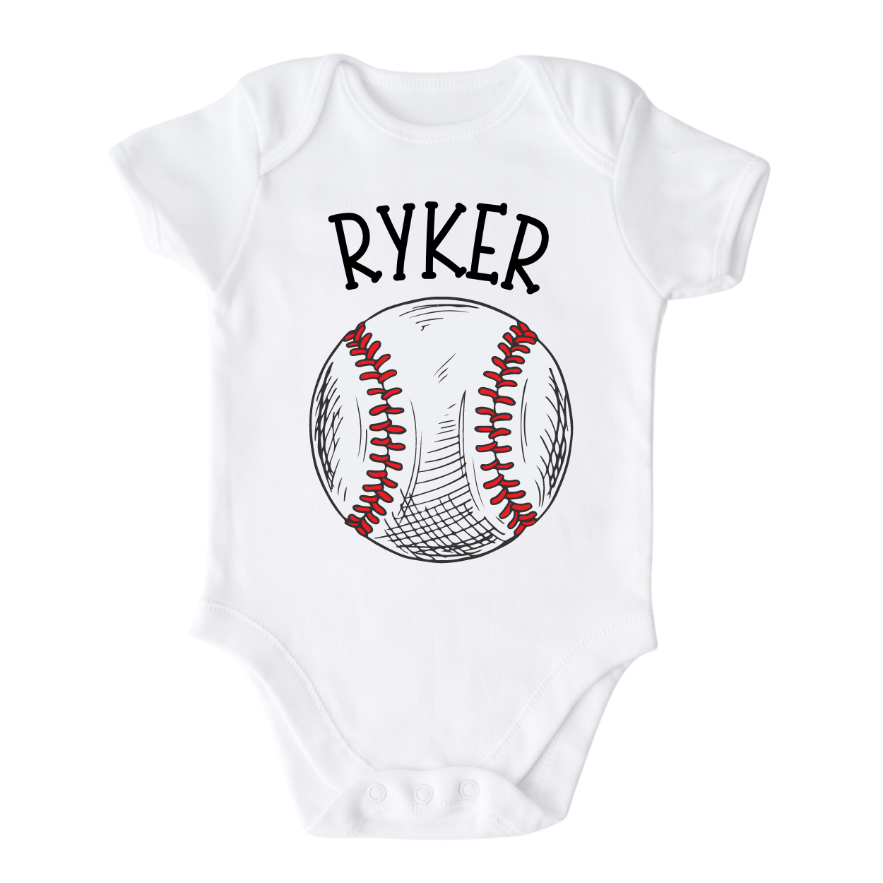 Baby Onesie with a cute printed design of a baseball, customizable with a name option.