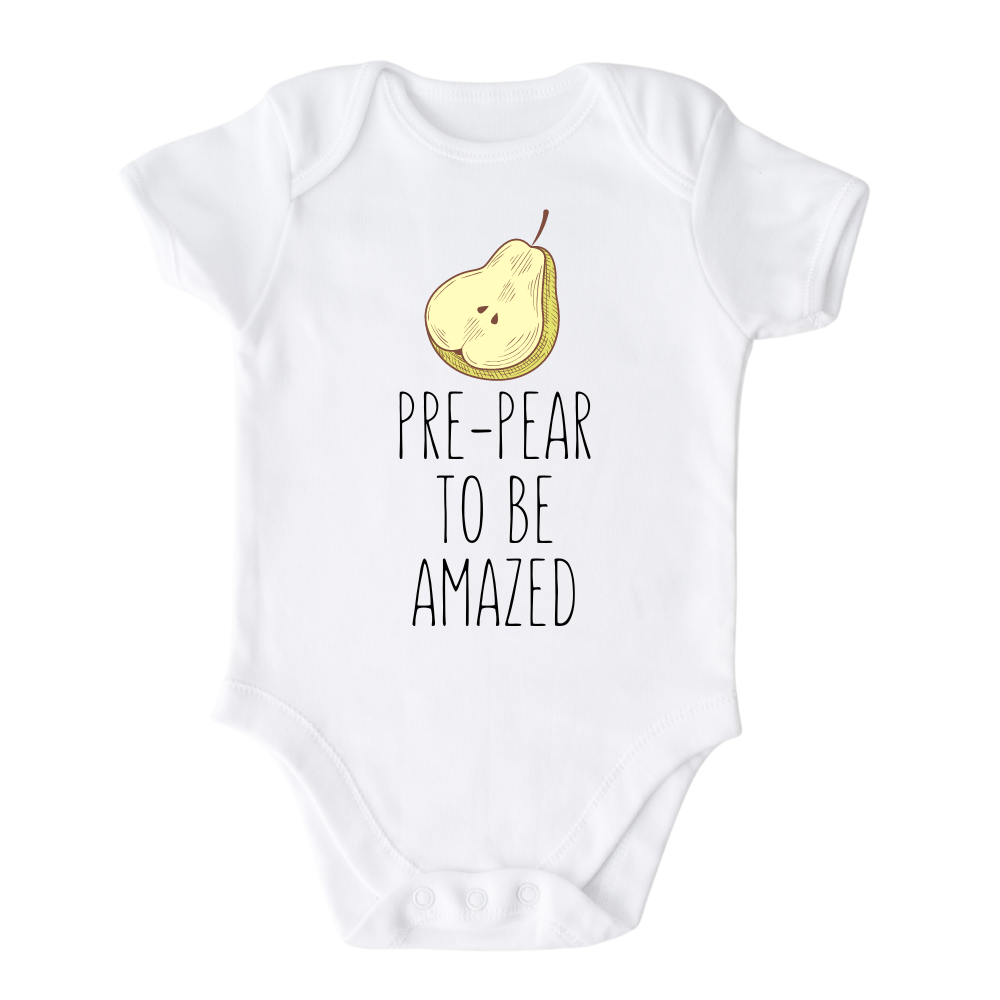 Baby Bodysuit with cute pear graphic and 'Pre-pear to be amazed' text. Fun and stylish clothing for children.