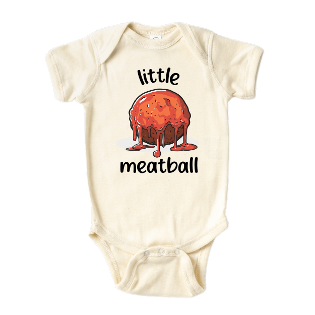 cute baby bodysuit with a meatball design and text "Little Meatball"