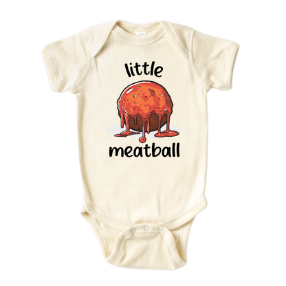 cute baby bodysuit with a meatball design and text "Little Meatball"