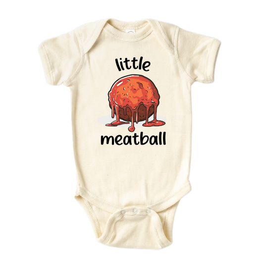 cute baby bodysuit with a meatball design and text "Little Meatball"