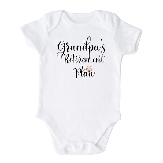 Baby onesie - kid's t-shirt with a cute printed graphic that says 'Grandpa's Retirement Plan.' The shirt features a colorful design and is made from high-quality materials. It's a perfect gift for little ones who love their grandpas and will bring joy to any child's wardrobe.