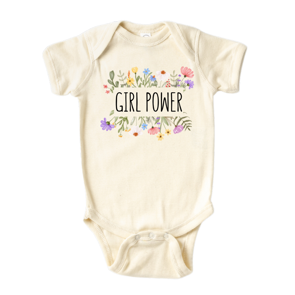 Natural Onesie featuring a captivating floral frame graphic and empowering text 'Girl Power.' Ideal for young girls celebrating confidence and strength. 