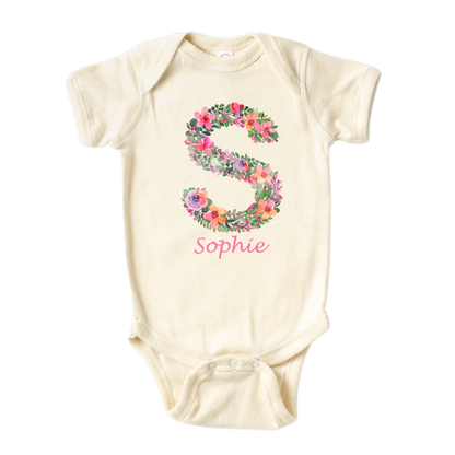 Baby Onesie - Cute Baby Bodysuit - Floral Baby Clothes - Floral Baby Onsie Custom Name Initial - Baby Gift 