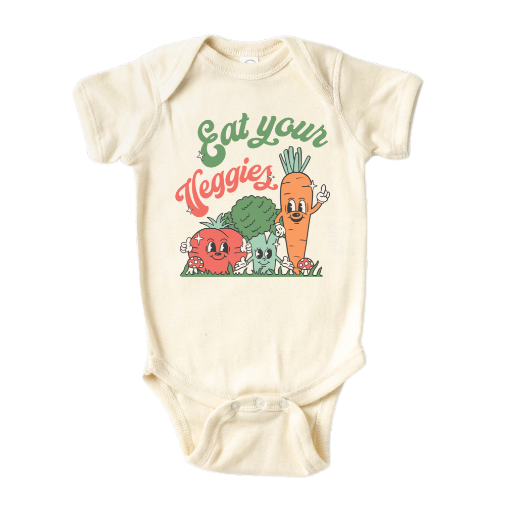 A kids' t-shirt with endearing graphics of a cute tomato, broccoli, and carrot, accompanied by the text 'Eat Your Veggies.' The design promotes healthy eating habits and celebrates the goodness of vegetables, inspiring a nutritious lifestyle.