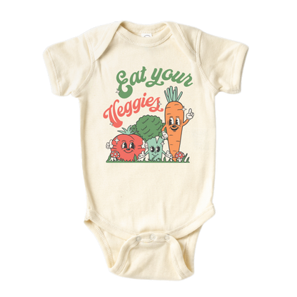 A kids' t-shirt with endearing graphics of a cute tomato, broccoli, and carrot, accompanied by the text 'Eat Your Veggies.' The design promotes healthy eating habits and celebrates the goodness of vegetables, inspiring a nutritious lifestyle.