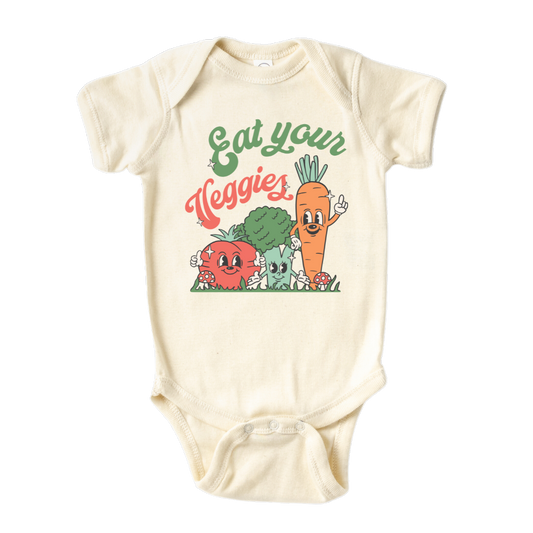 A kids' t-shirt with endearing graphics of a cute tomato, broccoli, and carrot, accompanied by the text 'Eat Your Veggies.' The design promotes healthy eating habits and celebrates the goodness of vegetables, inspiring a nutritious lifestyle.