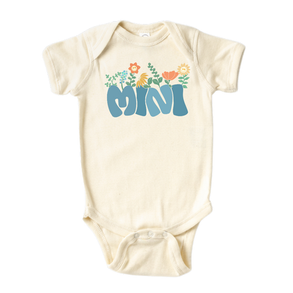 Natural Bodysuit with a retro blue printed graphic of the text 'Mini.' This trendy design adds a playful and vintage touch to your child's outfit.