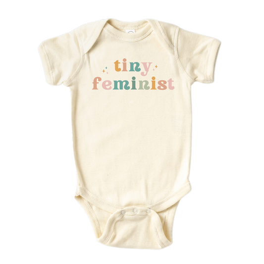 Natural Baby Bodysuit with colorful design for Tiny Feminist saying