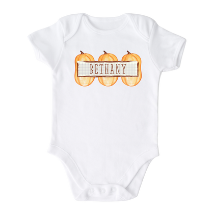 Baby Onesie - Fall Baby Clothes - Cute Baby Gift - Baby Bodysuit with a cute pumpkin frame design, customizable with names.