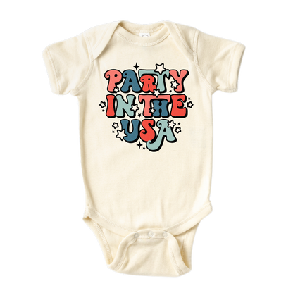 A kids' t-shirt with the vibrant text 'Party in the USA' printed on it. The design captures the festive and patriotic spirit, making it perfect for celebratory occasions. Let your child join in the fun and showcase their love for partying with this eye-catching tee