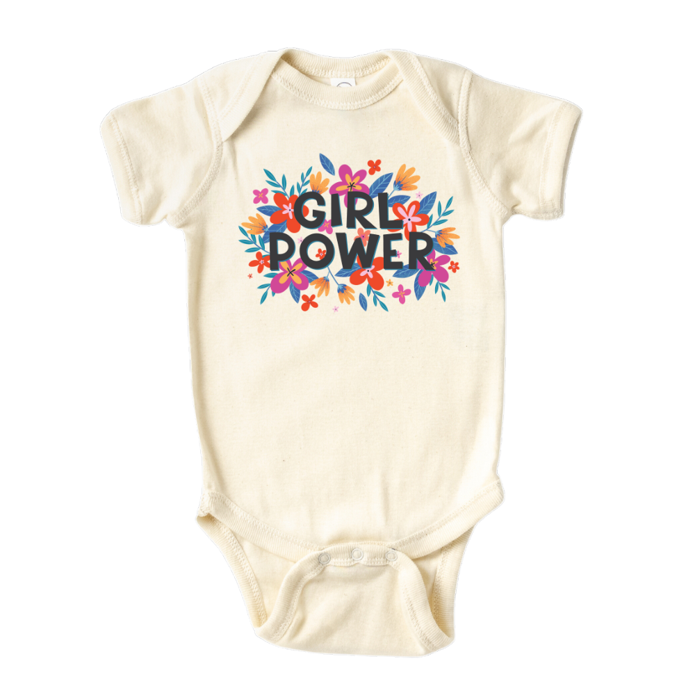 Natural Baby Bodysuit with a floral icon and the text 'Girl Power.' This empowering design celebrates the strength and confidence of girls.