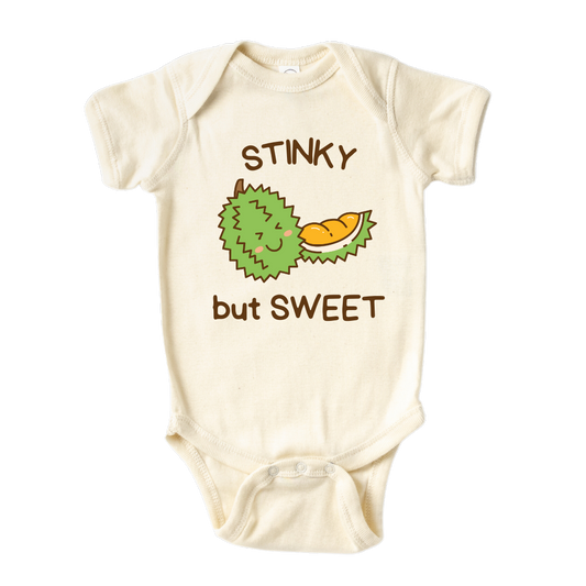 Natural Onesie with cute durian graphic and text 'Stinky but sweet.' Unique and funny design for children. 