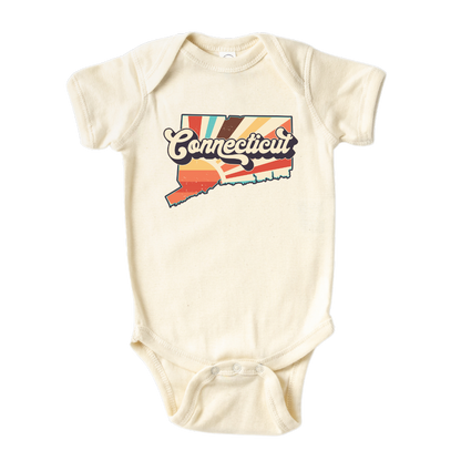 Connecticut retro design printed on baby bodysuit in natural color, front image view