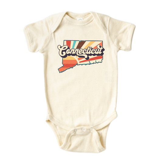 Connecticut retro design printed on baby bodysuit in natural color, front image view