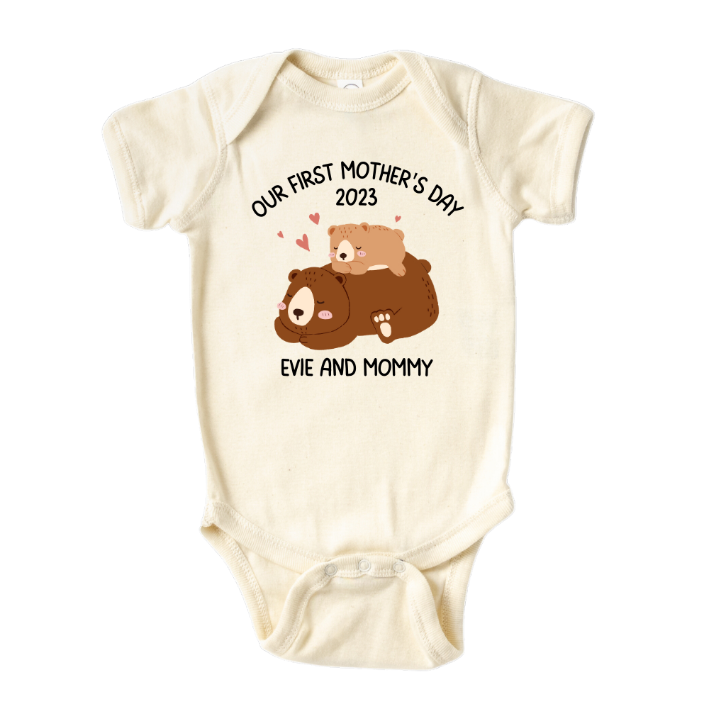 Cute Baby Onesie - Baby Clothes - Baby Bodysuit - Baby Gift - Custom Baby Outfit with a cute Mama Bear and Baby Bear design, featuring 'Our First Mother's Day' text, customizable with names.