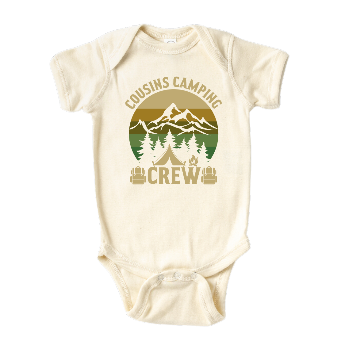 Natural Baby Bodysuit with a camping-themed printed graphic and the text 'Camping Cousin Crew.' This adventurous design celebrates the bond of cousins on camping trips. 