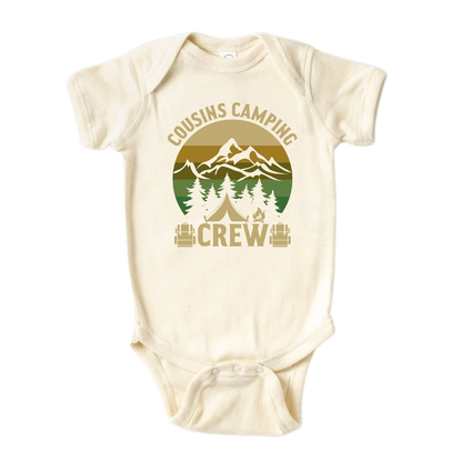 Natural Baby Bodysuit with a camping-themed printed graphic and the text 'Camping Cousin Crew.' This adventurous design celebrates the bond of cousins on camping trips. 