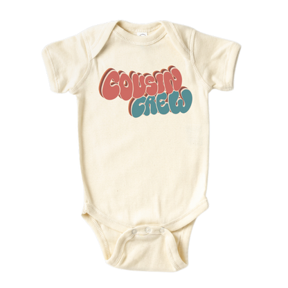 Natural Onesie with a groovy printed graphic and the text 'Cousin Crew.' This trendy and cool design celebrates the bond of cousins in a unique and stylish way. 