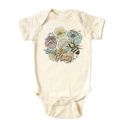 Natural Onesie with a cute retro graphic of flowers and bees, and the text 'Sweet Like Honey.' Trendy and playful design for stylish outfits. 