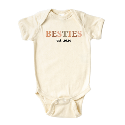 Kid's t-shirt with a cute retro style featuring the text 'Besties', customizable with the option for 'established year'.