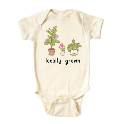 Short Sleeve Natural Onesie with a succulent graphic and the text 'Locally Grown.' This design represents local pride and supports community spirit.