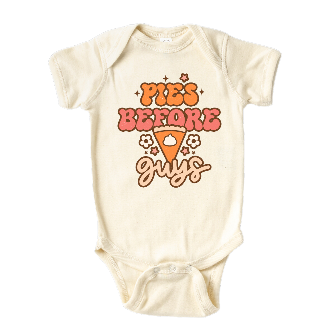 A kids' t-shirt with an adorable graphic of a cute pumpkin pie and the text 'Pie before guys.' The design represents a playful and confident attitude, celebrating the love for desserts and individuality. It's a fun and fashionable tee that showcases the wearer's unique style and personality.