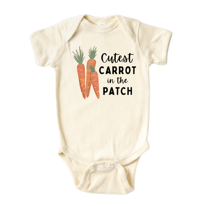 Natural Baby Onesie with carrot graphic with 'Cutest Carrot in the Patch' text.