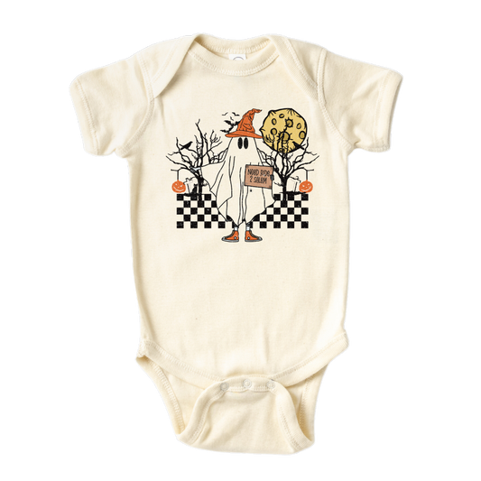 Natural onesie with a cute ghost graphic and the text 'Need Ride 2 Salem'. Ideal for Halloween outfits and spooky fun. Shop now for this adorable and humorous shirt for your child's wardrobe.