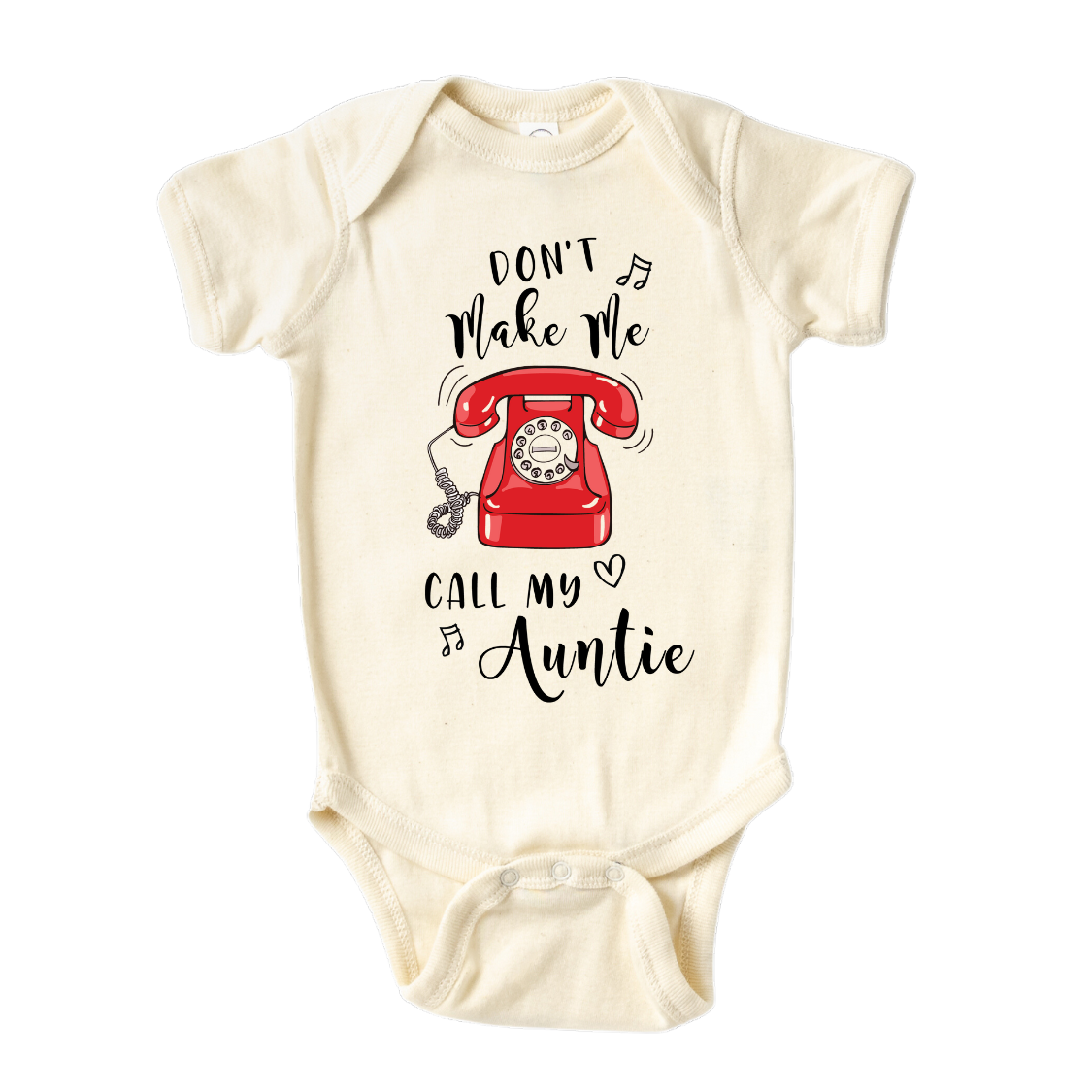 Auntie Baby Onesie - Kid's t-shirt showcasing a cute printed graphic of a telephone with the text 'Don't Make Me Call My Auntie.' Explore this witty and playful tee that celebrates family bonds.