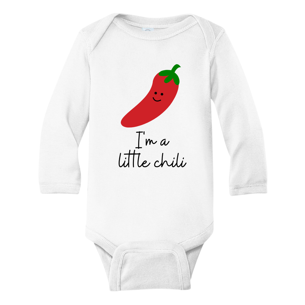 Long sleeve onesie featuring a playful printed graphic of a chili and the text 'I'm A Little Chili.' Explore this vibrant and fun tee, perfect for adding a touch of spice to your child's wardrobe. 