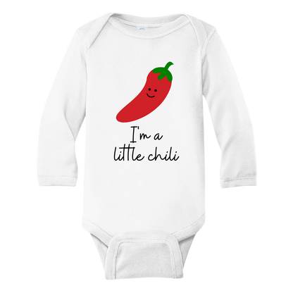 Long sleeve onesie featuring a playful printed graphic of a chili and the text 'I'm A Little Chili.' Explore this vibrant and fun tee, perfect for adding a touch of spice to your child's wardrobe. 