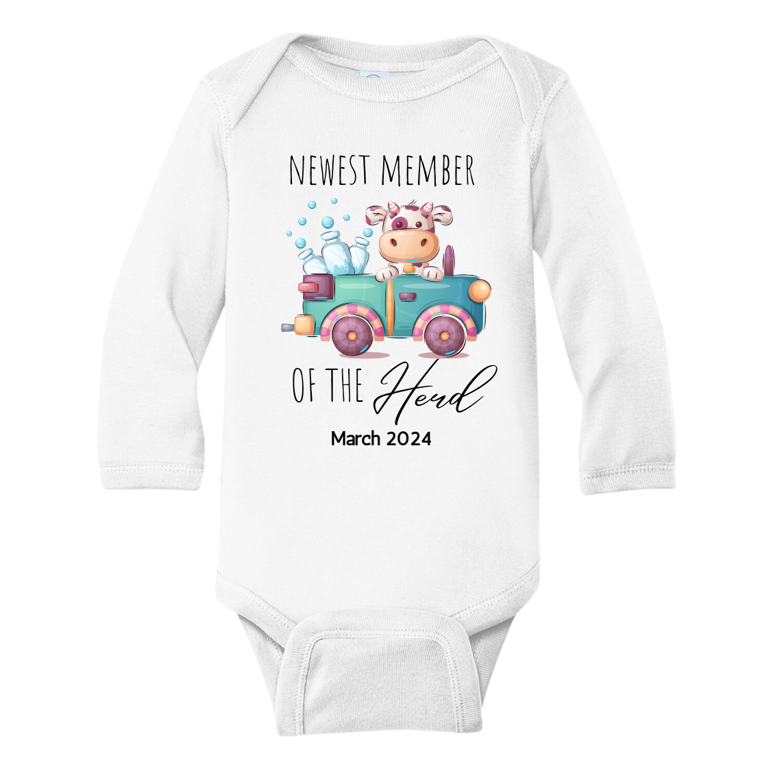 A charming design on a kid's t-shirt and baby onesie featuring a cute cow and milk truck, with the text 'Newest Member of the Herd.' Celebrate the arrival of your little one in style with this adorable outfit!