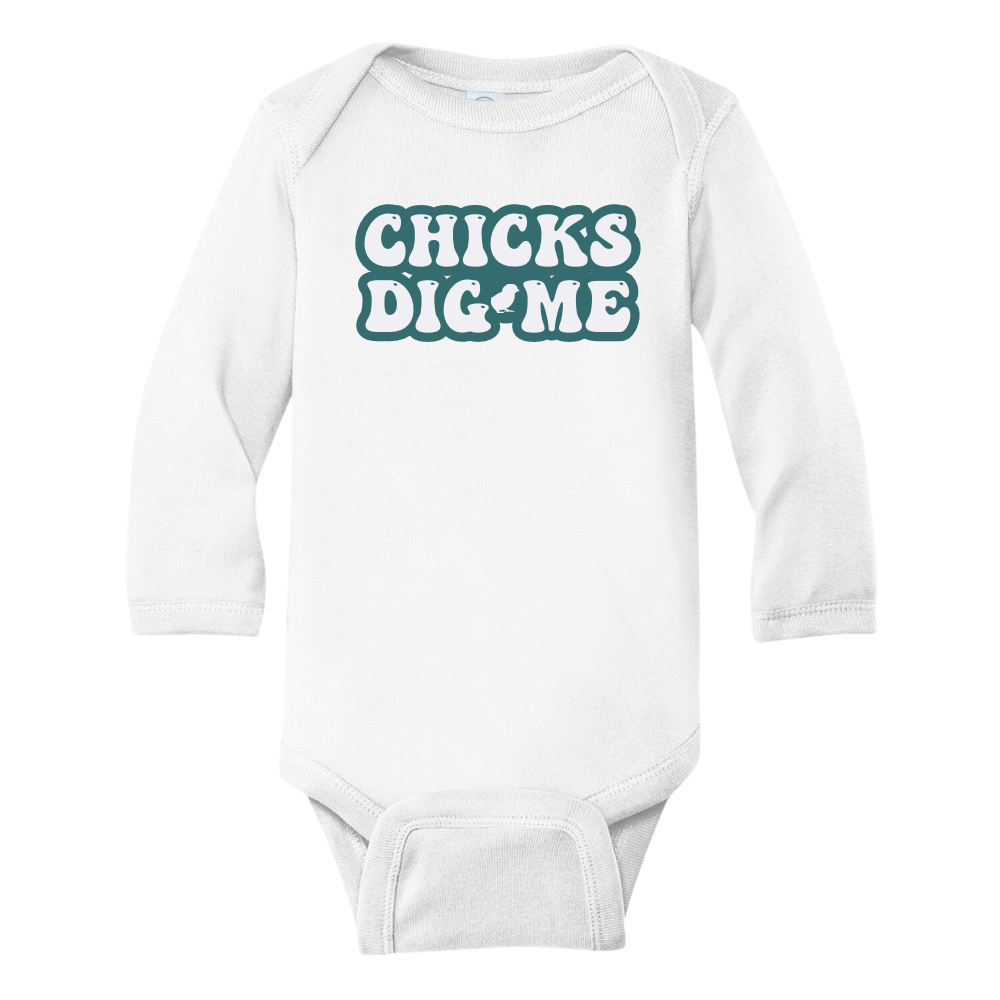 Long Sleeve Onesie featuring a cute and eye-catching printed graphic of bold green text saying 'Chicks Dig Me.' Embrace your child's charm and confidence with this playful tee.