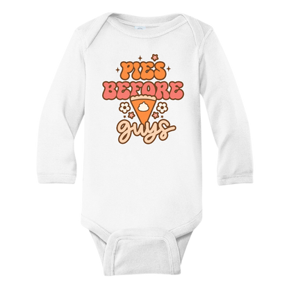 A kids' t-shirt with an adorable graphic of a cute pumpkin pie and the text 'Pie before guys.' The design represents a playful and confident attitude, celebrating the love for desserts and individuality. It's a fun and fashionable tee that showcases the wearer's unique style and personality.