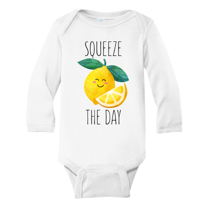 Long Sleeve Baby Bodysuit showcasing a playful printed graphic of a lemon with the text 'Squeeze The Day.' Explore this vibrant and motivational tee, perfect for adding a burst of positivity to your child's wardrobe.