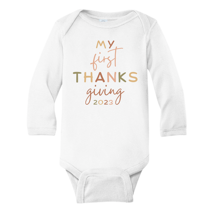 Baby Onsie - Cute Baby Onesie - Cute Baby Gift - Baby Clothes - Baby Bodysuit with cute 'My First Thanksgiving' text design.